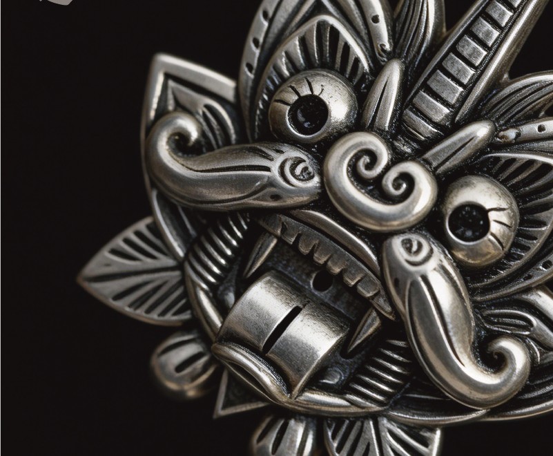 Close-up of the Cangyan pendant showing chased fangs, curled whiskers and a horn