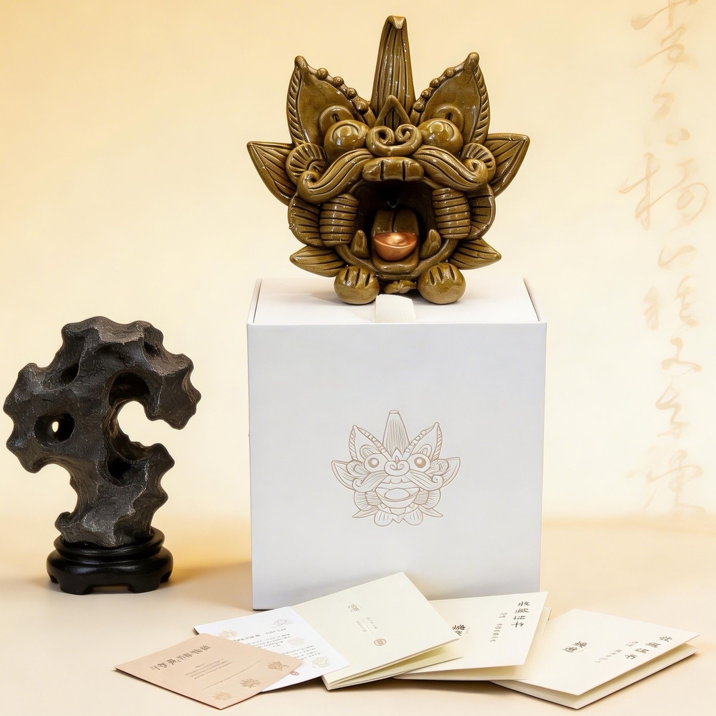 Jinxi ceramic guardian in ochre glaze with a copper ingot in its mouth, standing on its white gift box beside a scholar's rock