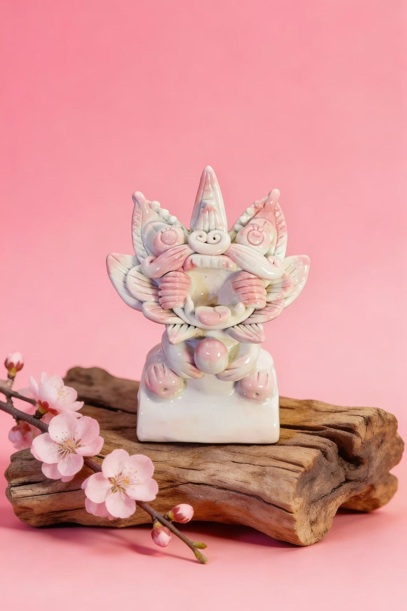 Shouxin ceramic guardian in blush-pink glaze on a plinth, with plum blossom, against a pink backdrop